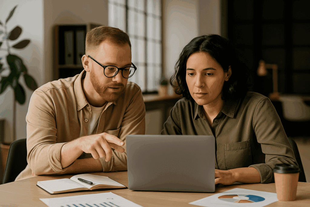 Two professionals collaborating on a marketing strategy
