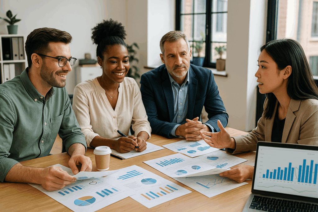 Marketing team discussing month-to-month plans